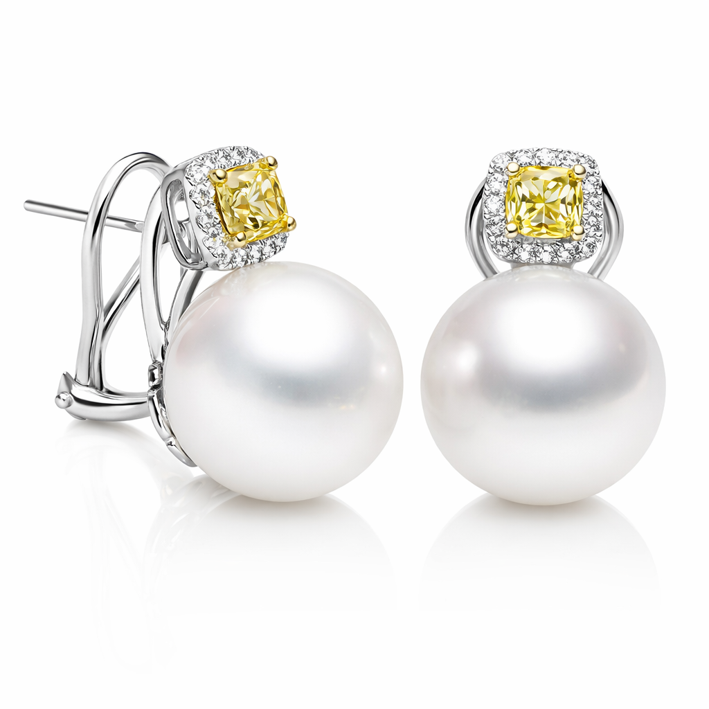 18K White Gold South Sea Pearl Earrings, 13-14mm, 0.48ct