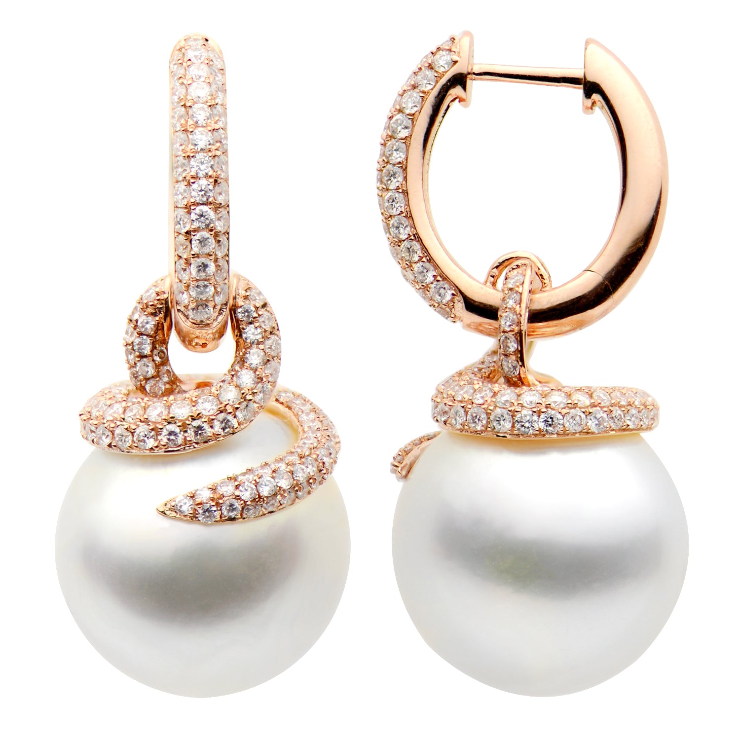 18KR White South Sea Pearl Earrings, 14-15mm