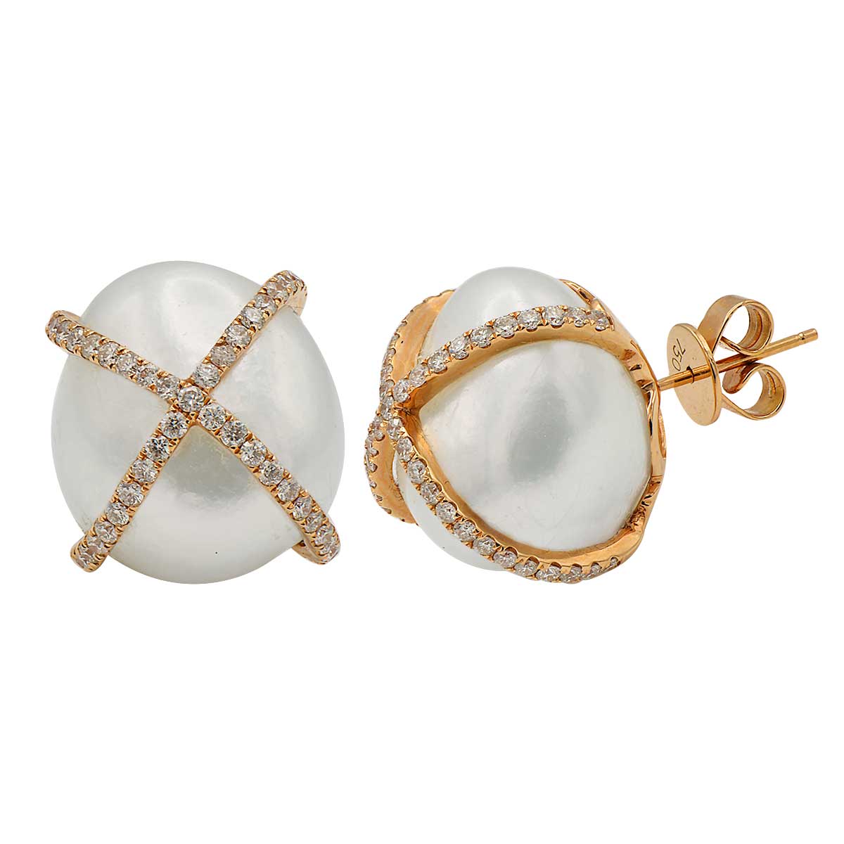 18KR White South Sea Pearl Earrings, 15-16mm