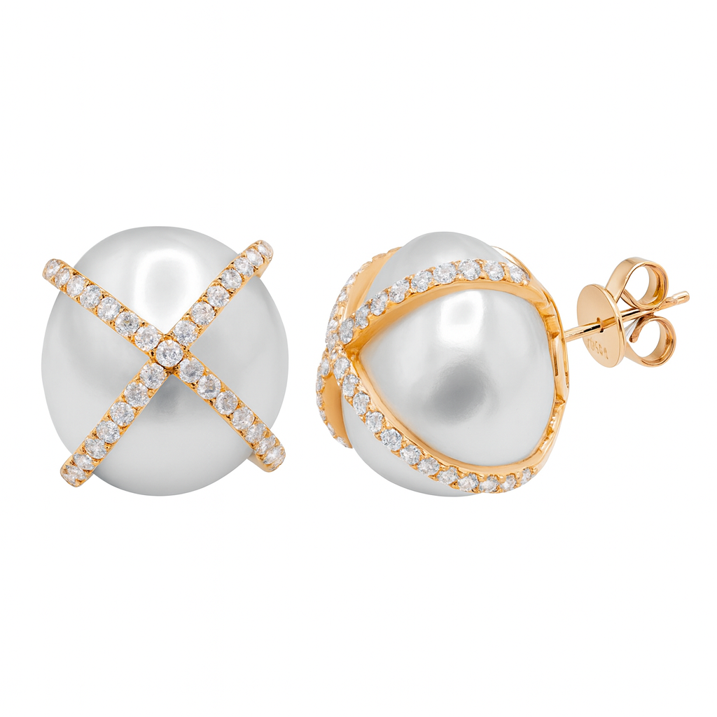 18KR White South Sea Pearl Earrings, 15-16mm