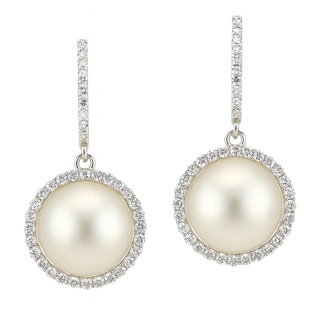 18K White Gold South Sea Pearl Earrings, 12-13mm, 0.67ct