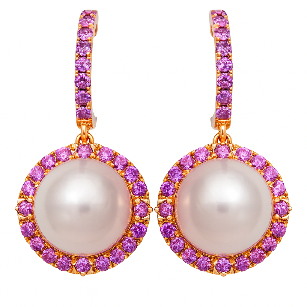18K Rose Gold Freshwater Pearl Amethyst Earrings, 11-12mm, 1.6ct