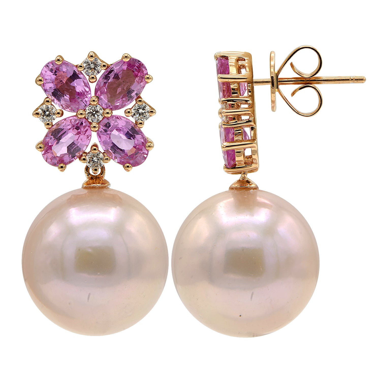 18K Rose Gold Pink Sapphire Earrings, 14-15mm, 4.81ct