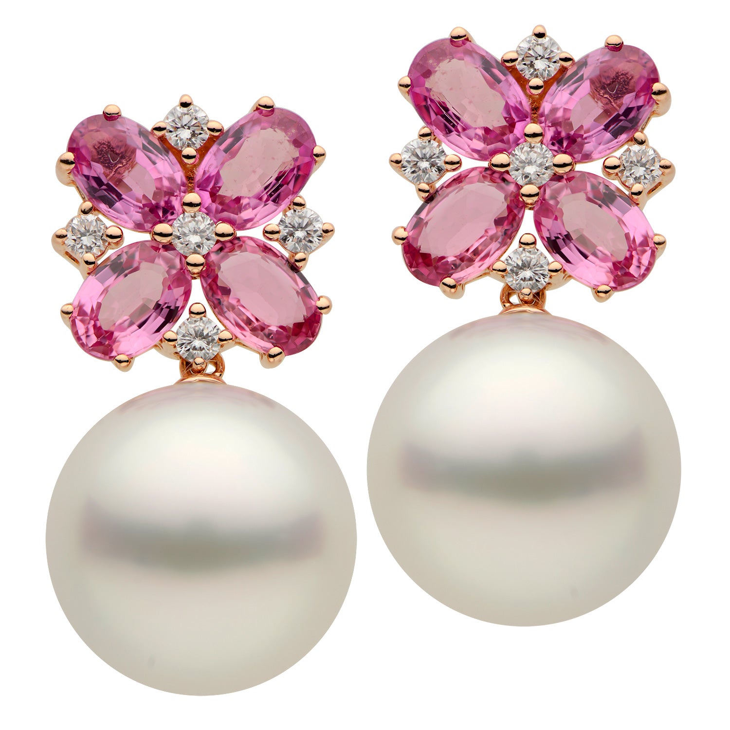 18KR White South Sea Pearl Earrings, 13-14mm