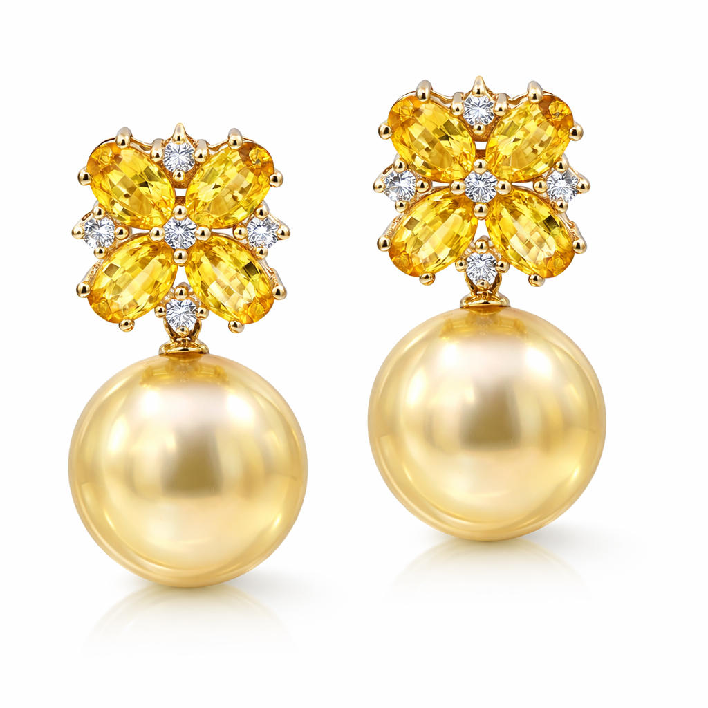 18K Yellow Gold Yellow Sapphire Earrings, 13-14mm, 4.68ct