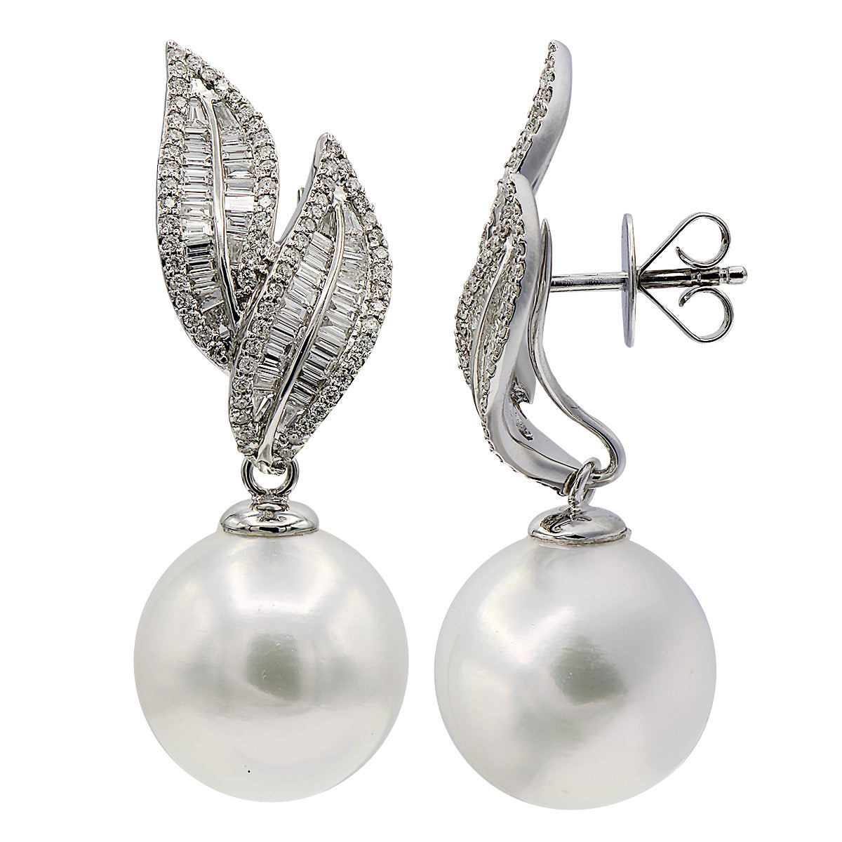 18KW White South Sea Pearl Earrings, 14-15mm
