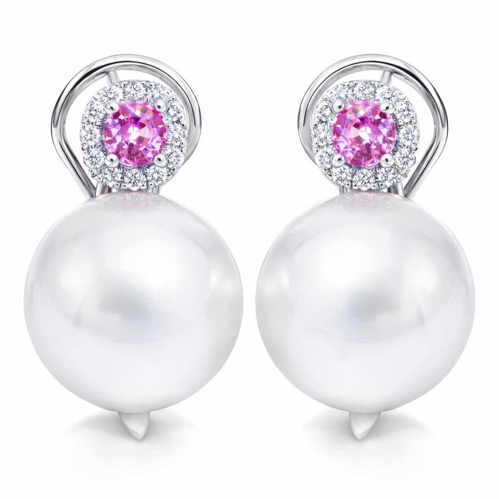 18K White Gold South Sea Pearl Earrings, 14-15mm, 0.24ct