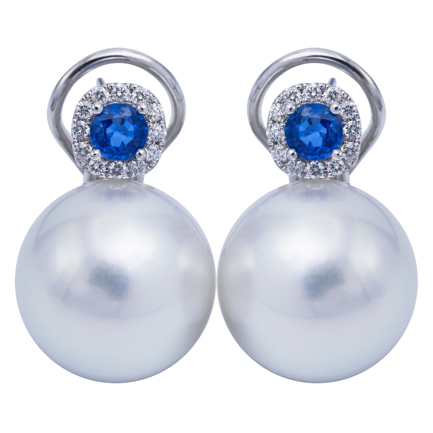 18KW White South Sea Pearl Earrings, 14-15mm