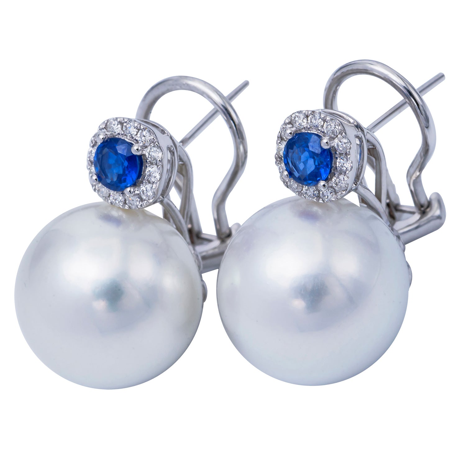 18KW White South Sea Pearl Earrings, 14-15mm