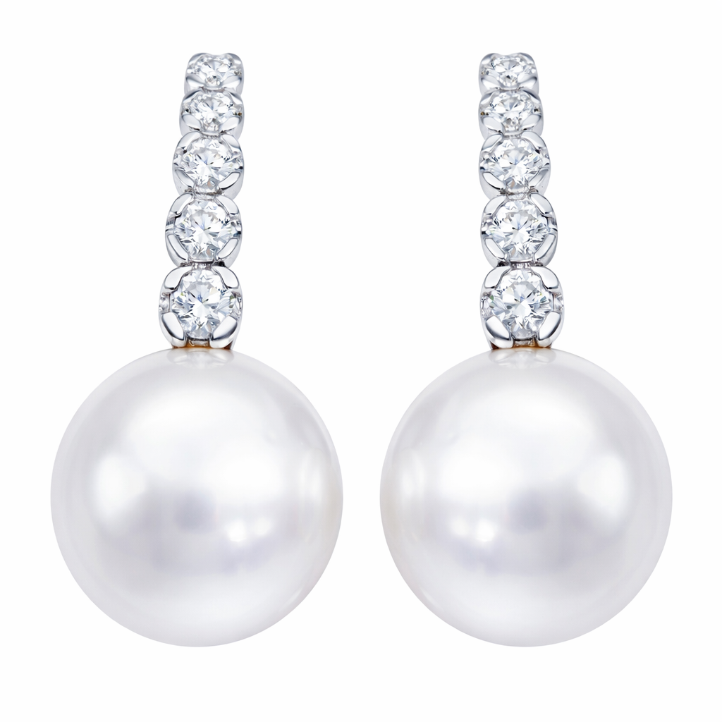 18K White Gold South Sea Pearl Earrings, 13-14mm, 0.73ct
