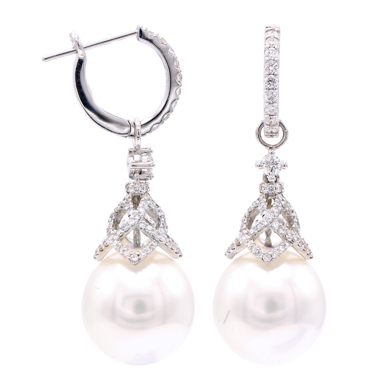 18KW White South Sea Pearl Earrings, 13-14mm