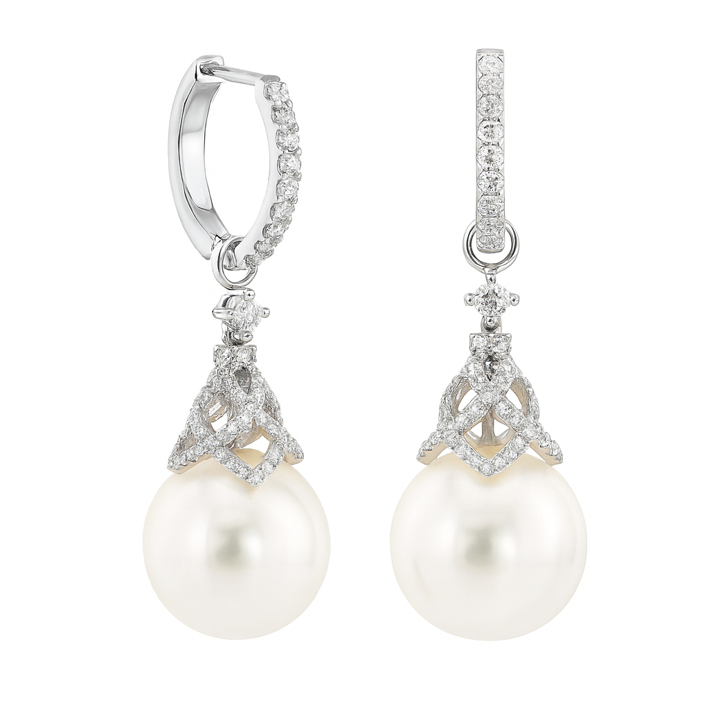 18KW White South Sea Pearl Earrings, 13-14mm