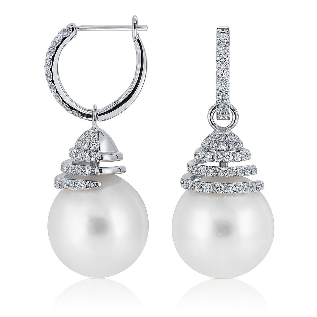 18KW White South Sea Pearl Earrings, 13-14mm