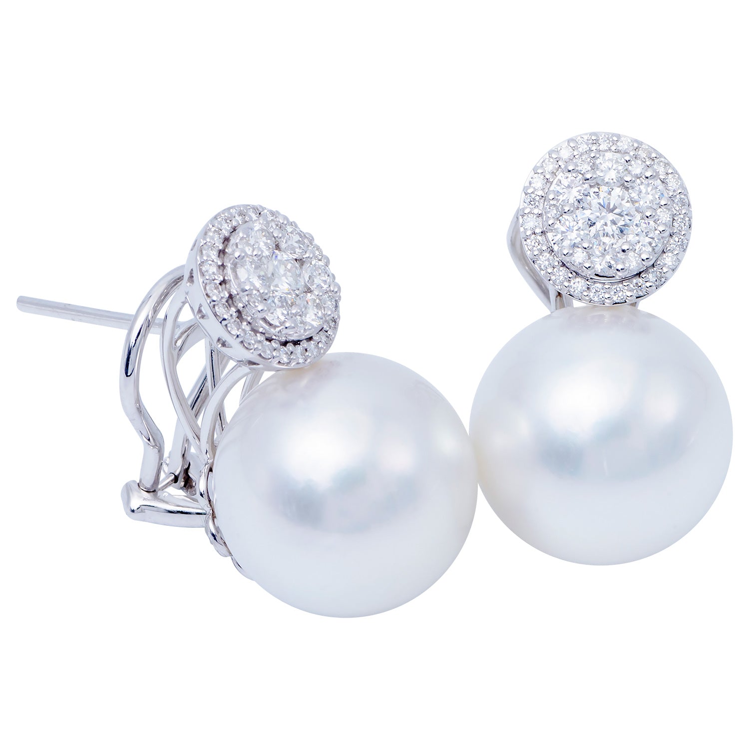 18KW White South Sea Pearl Earrings, 14-15mm