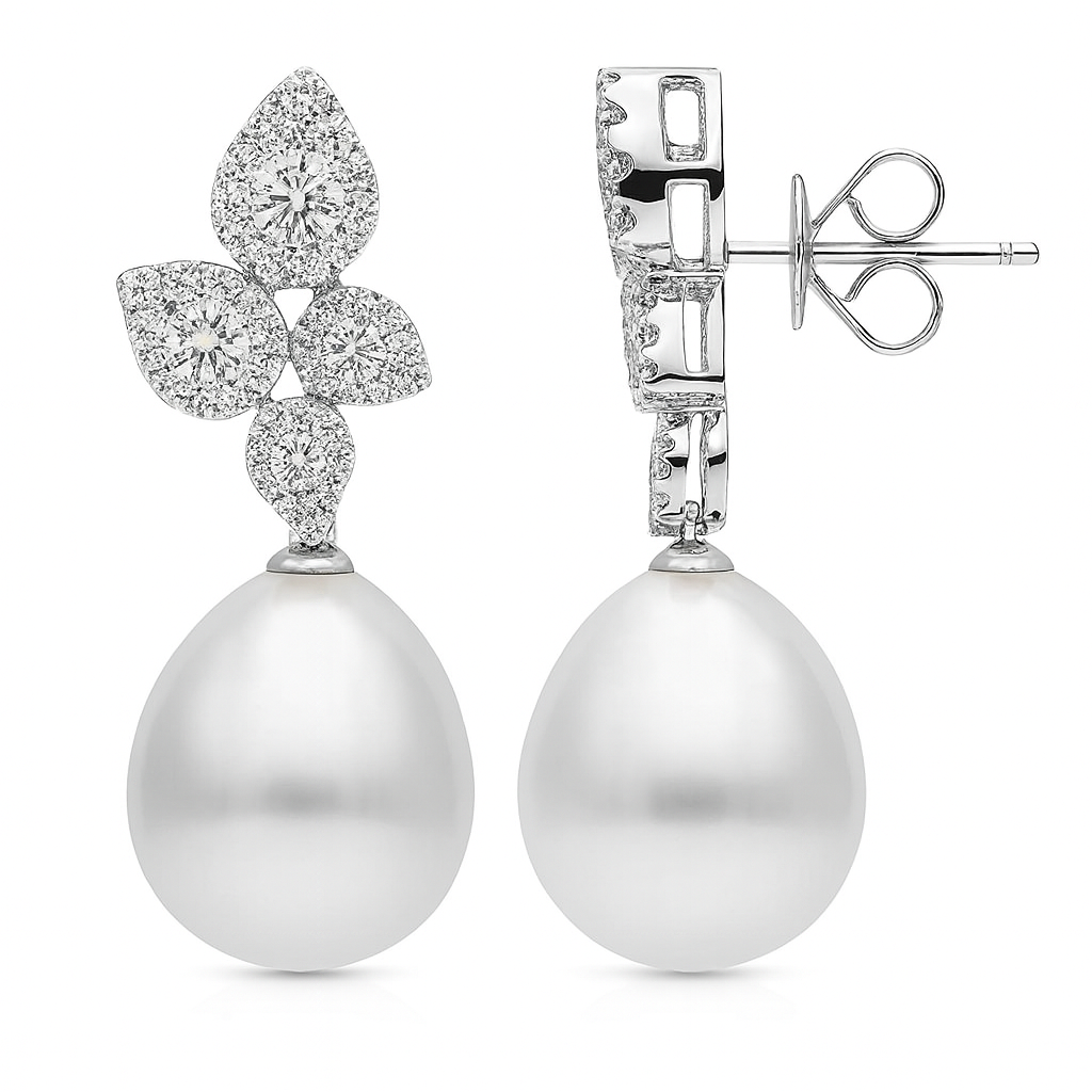 18K White Gold White South Sea Pearl Earrings, 12-13mm, 1.08ct