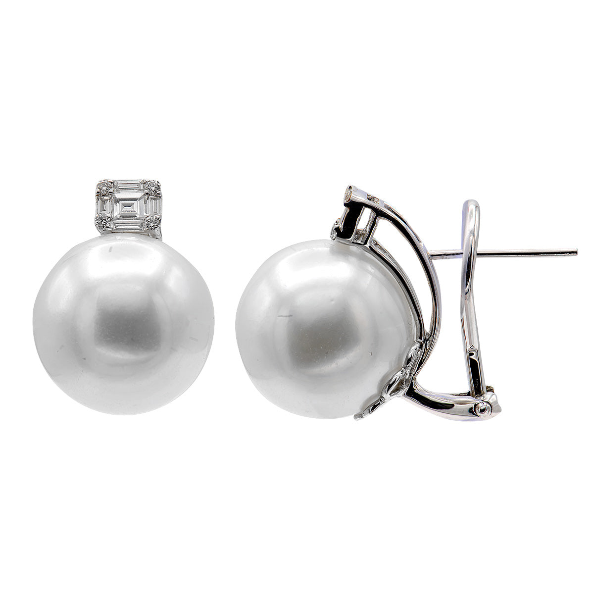 18KW White South Sea Pearl Earrings, 13-14mm