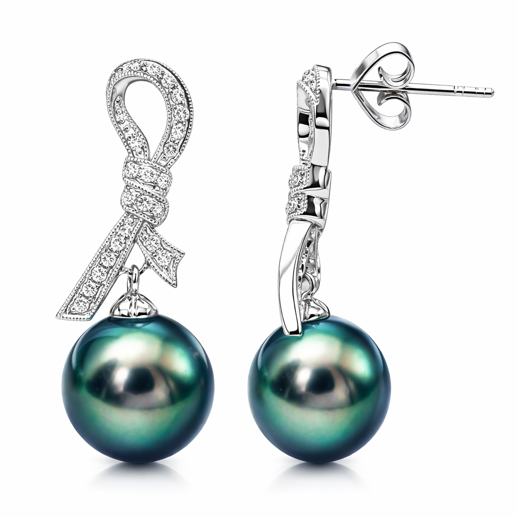 18K White Gold Tahitian Pearl Earrings, 10-11mm, 0.23ct