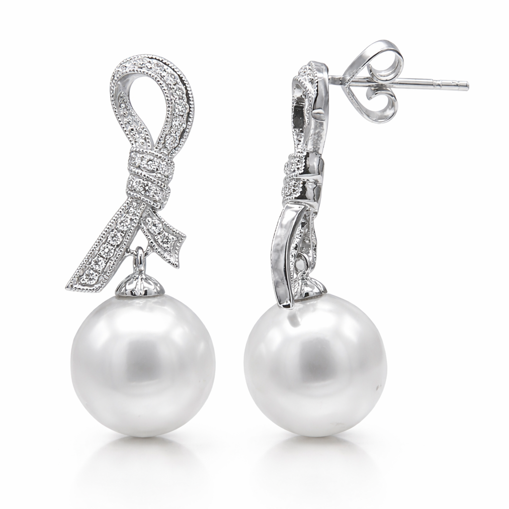 18K White Gold South Sea Pearl Earrings, 10-11mm, 0.23ct