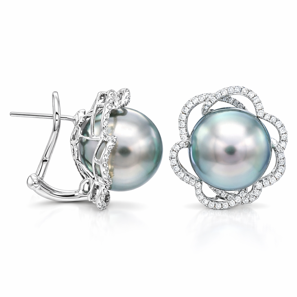 18K White Gold Tahitian Pearl Earrings, 13-14mm, 0.6ct