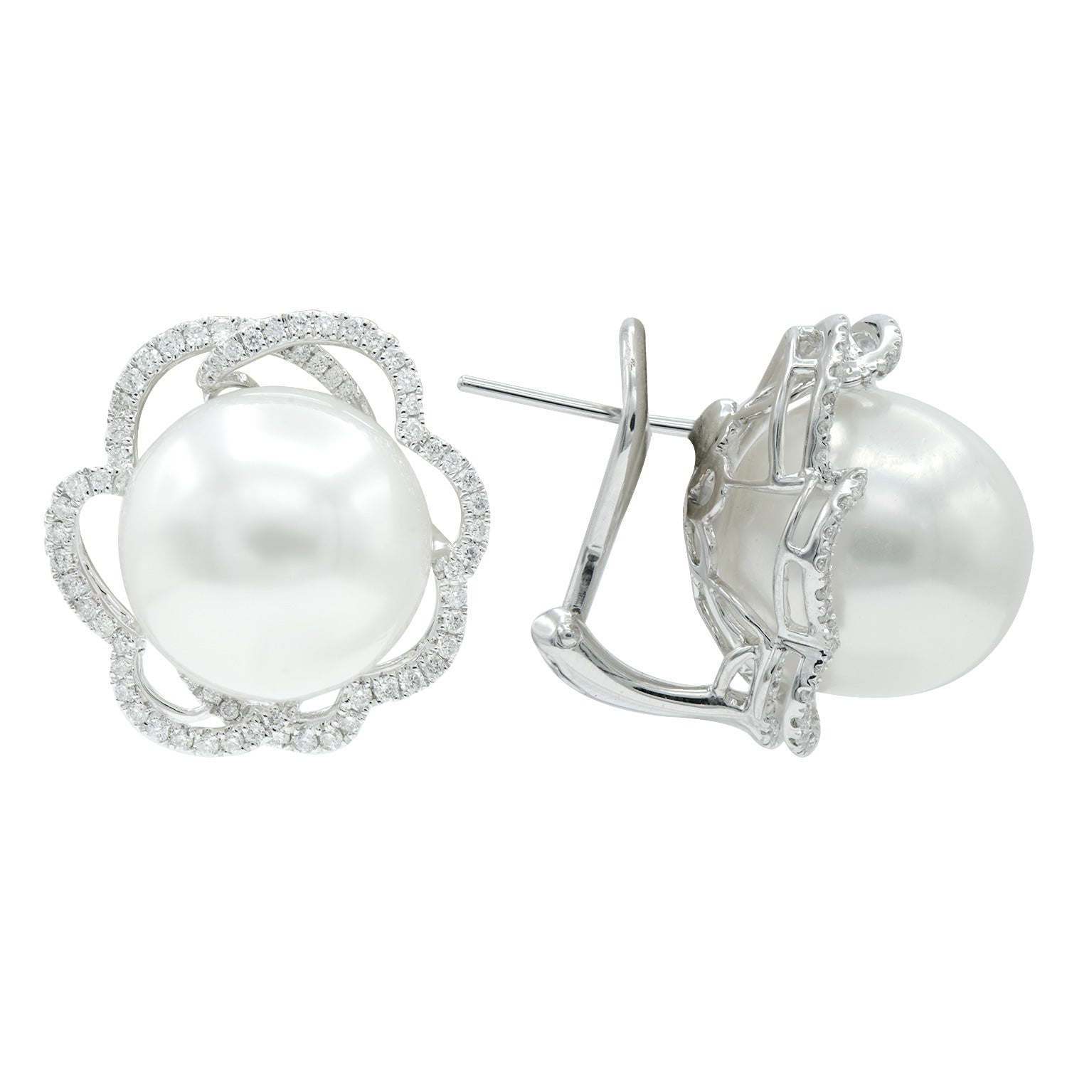 18KW White South Sea Pearl Earrings, 13-14mm