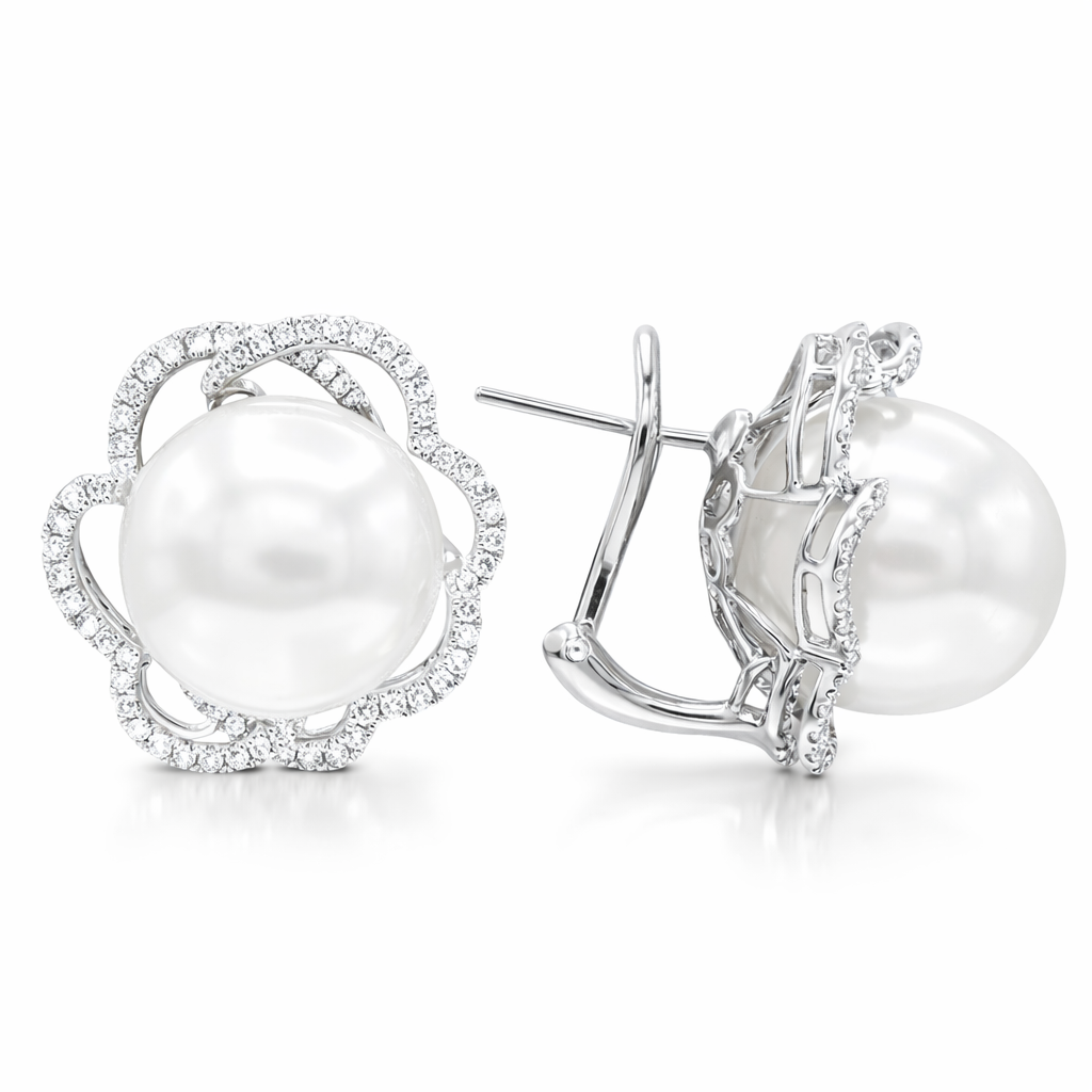 18K White Gold South Sea Pearl Earrings, 13-14mm, 0.6ct