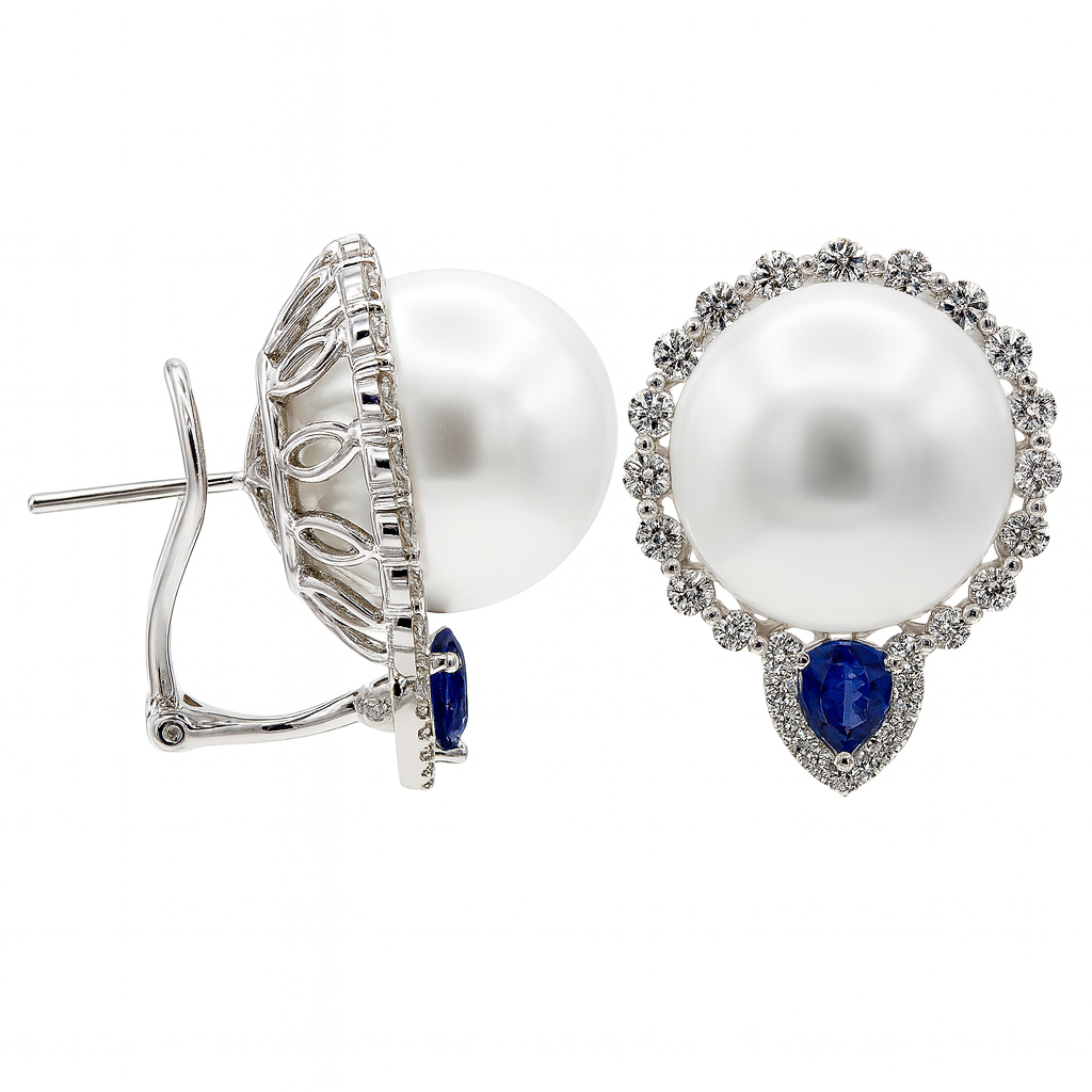 18K White Gold White South Sea Pearl Earrings, 13-14mm, 1.42ct