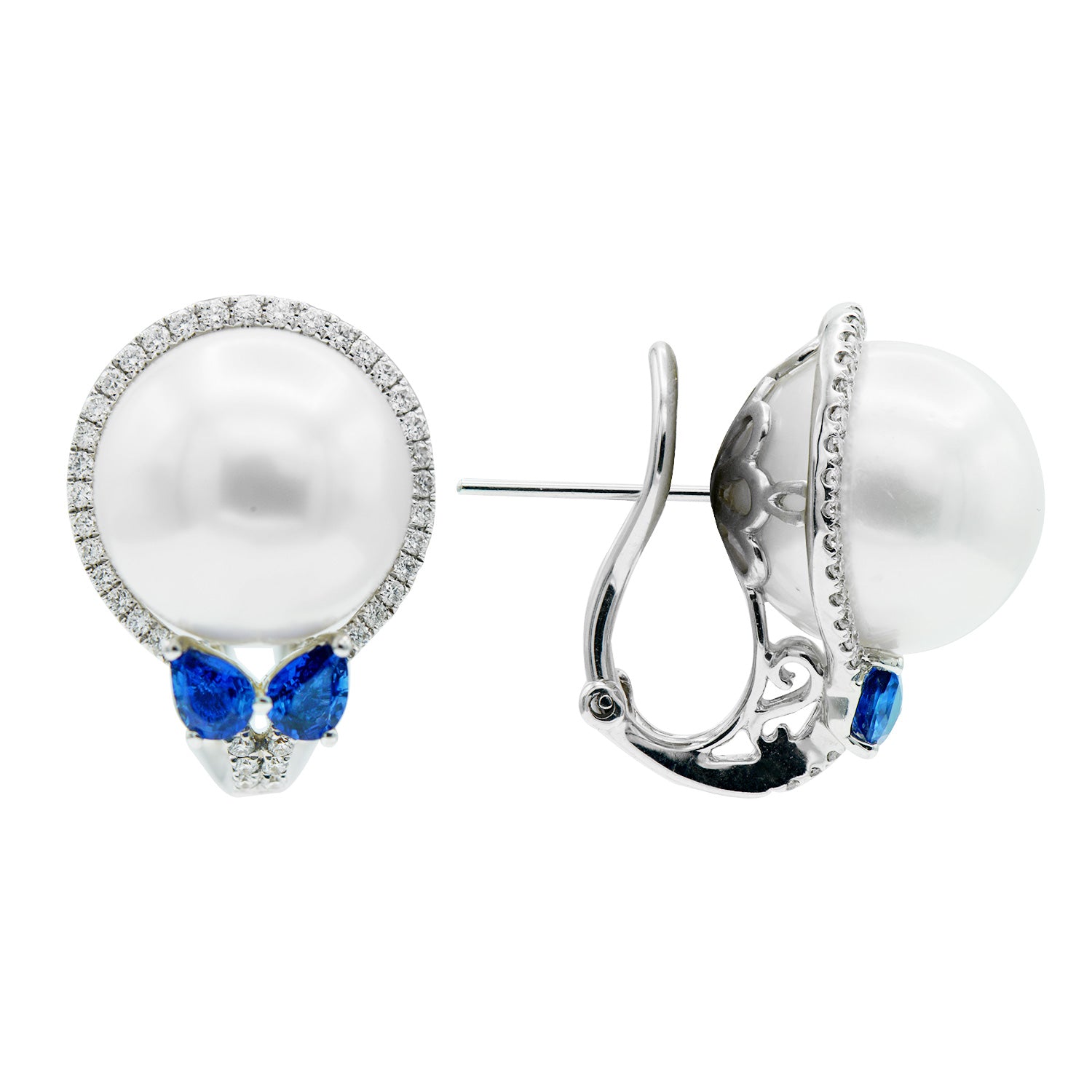 18K White Gold South Sea Pearl Earrings, 13-14mm, 0.11ct