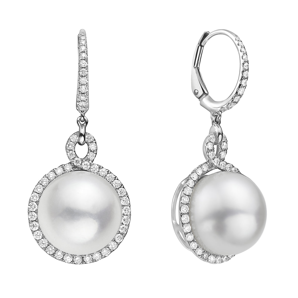 18K White Gold South Sea Pearl Earrings, 13-14mm, 0.9ct