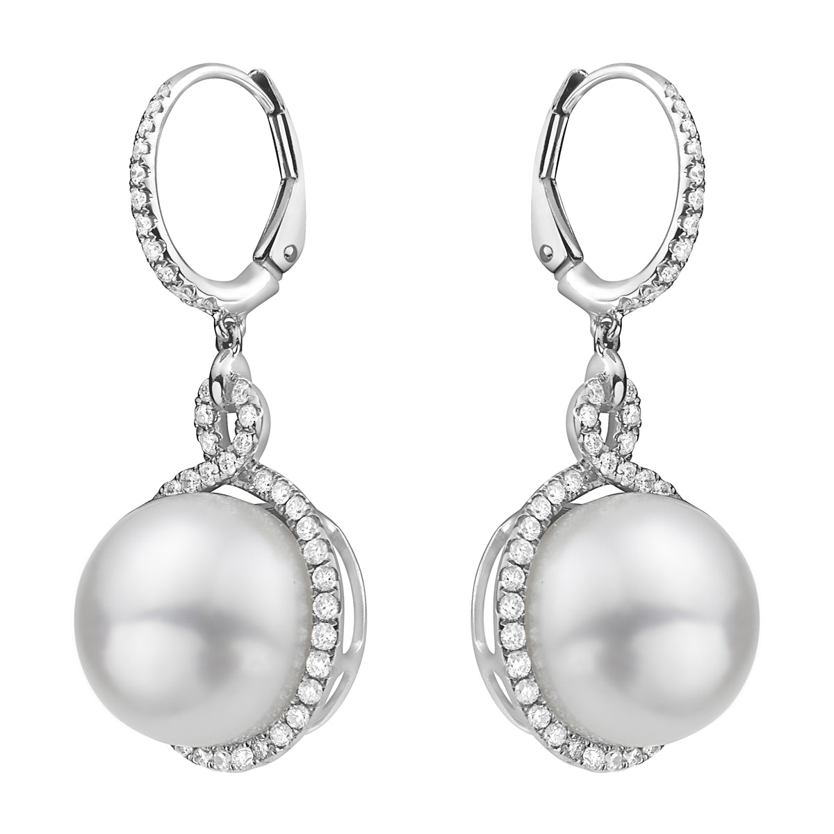 18KW White South Sea Pearl Earrings, 13-14mm