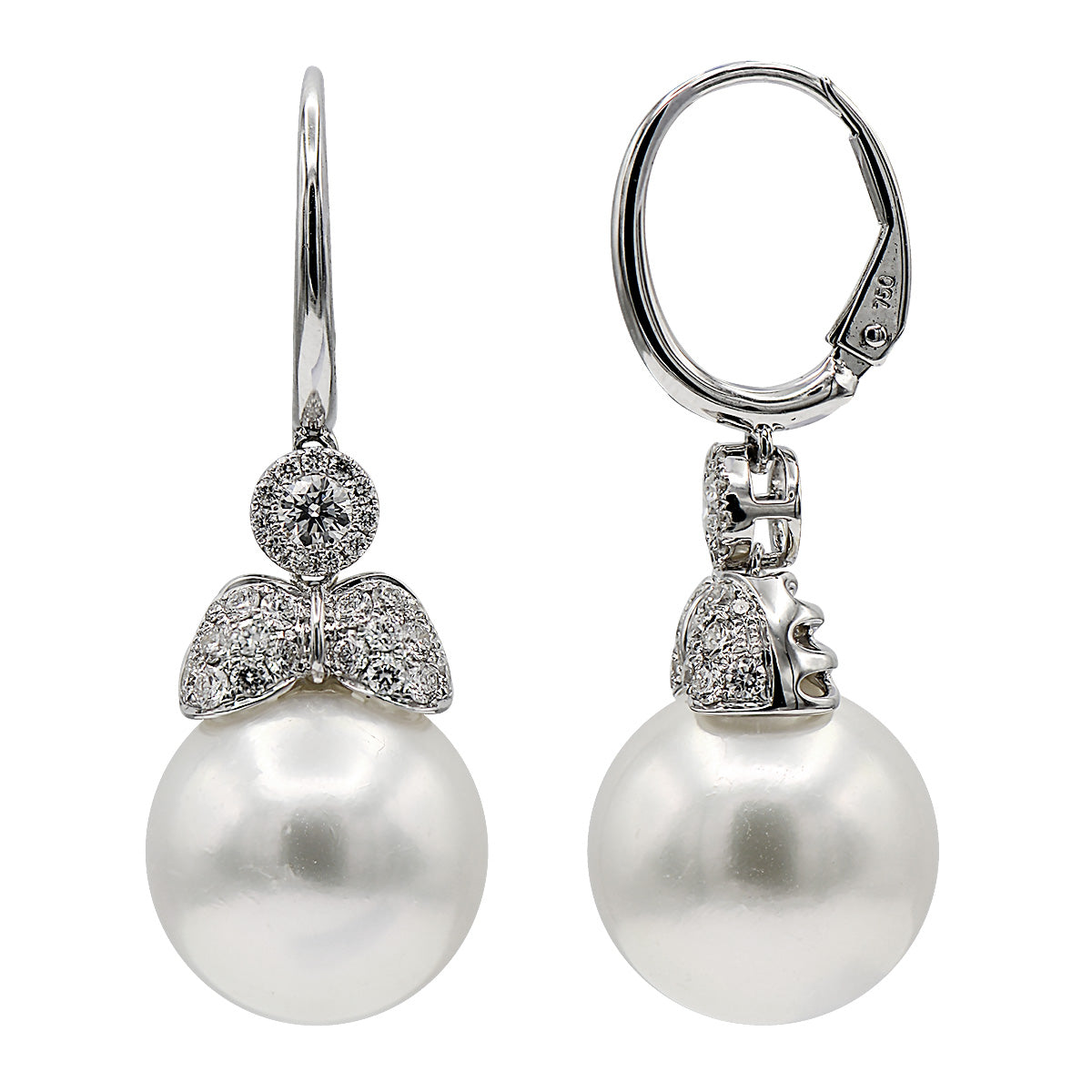 18KW White South Sea Pearl Earrings, 13-14mm