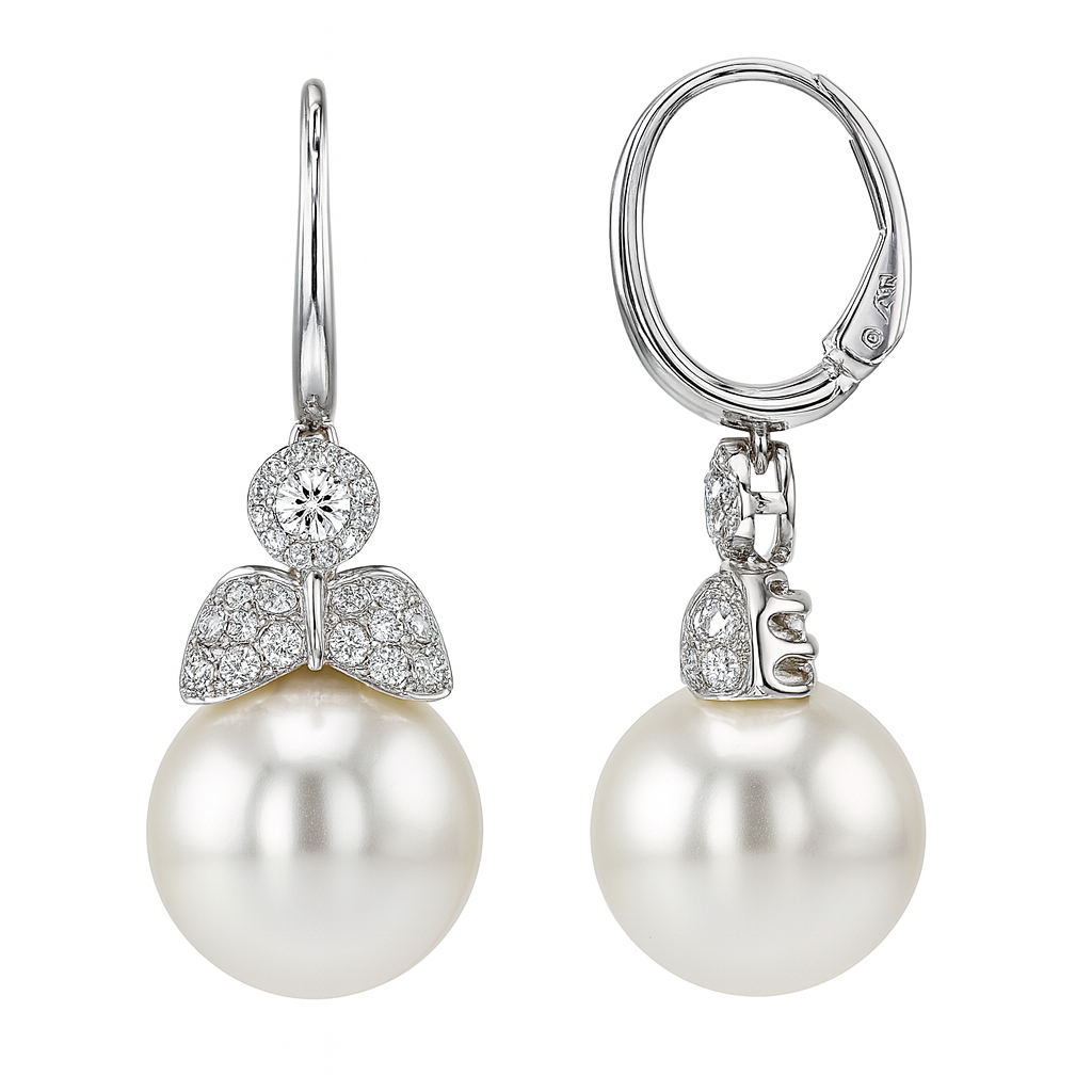 18K White Gold South Sea Pearl Earrings, 13-14mm, 0.75ct