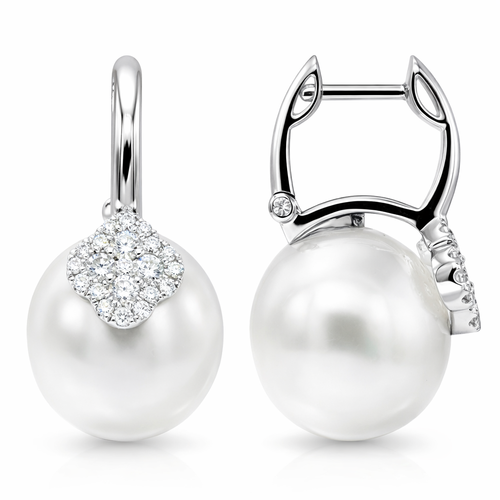 18K White Gold South Sea Pearl Earrings, 12-13mm, 0.47ct