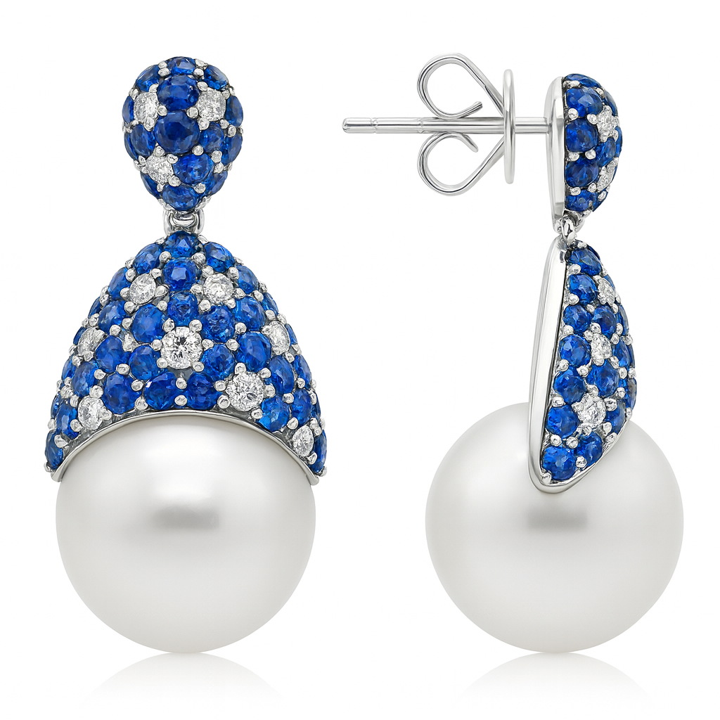 18K White Gold White South Sea Pearl Earrings, 13-14mm, 3.52ct