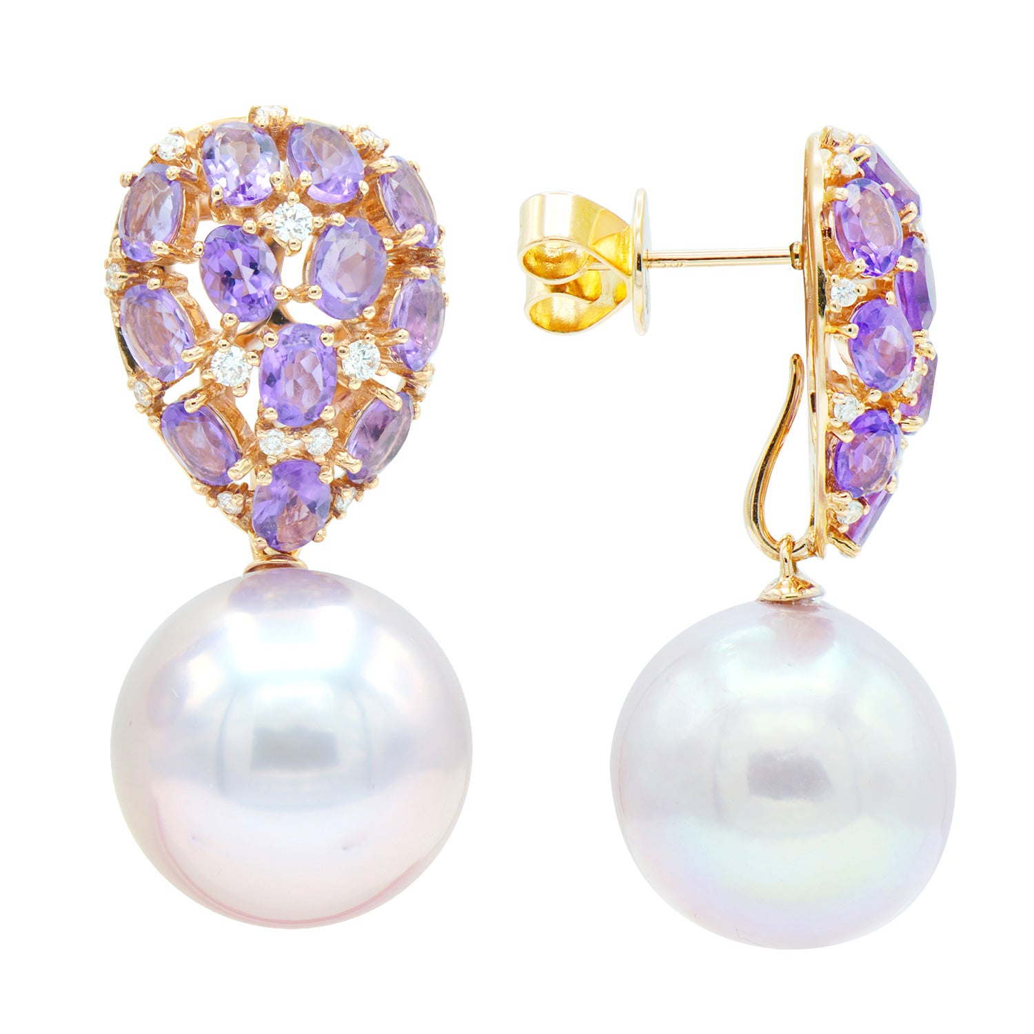 18KR White South Sea Pearl Earrings, 14-15mm