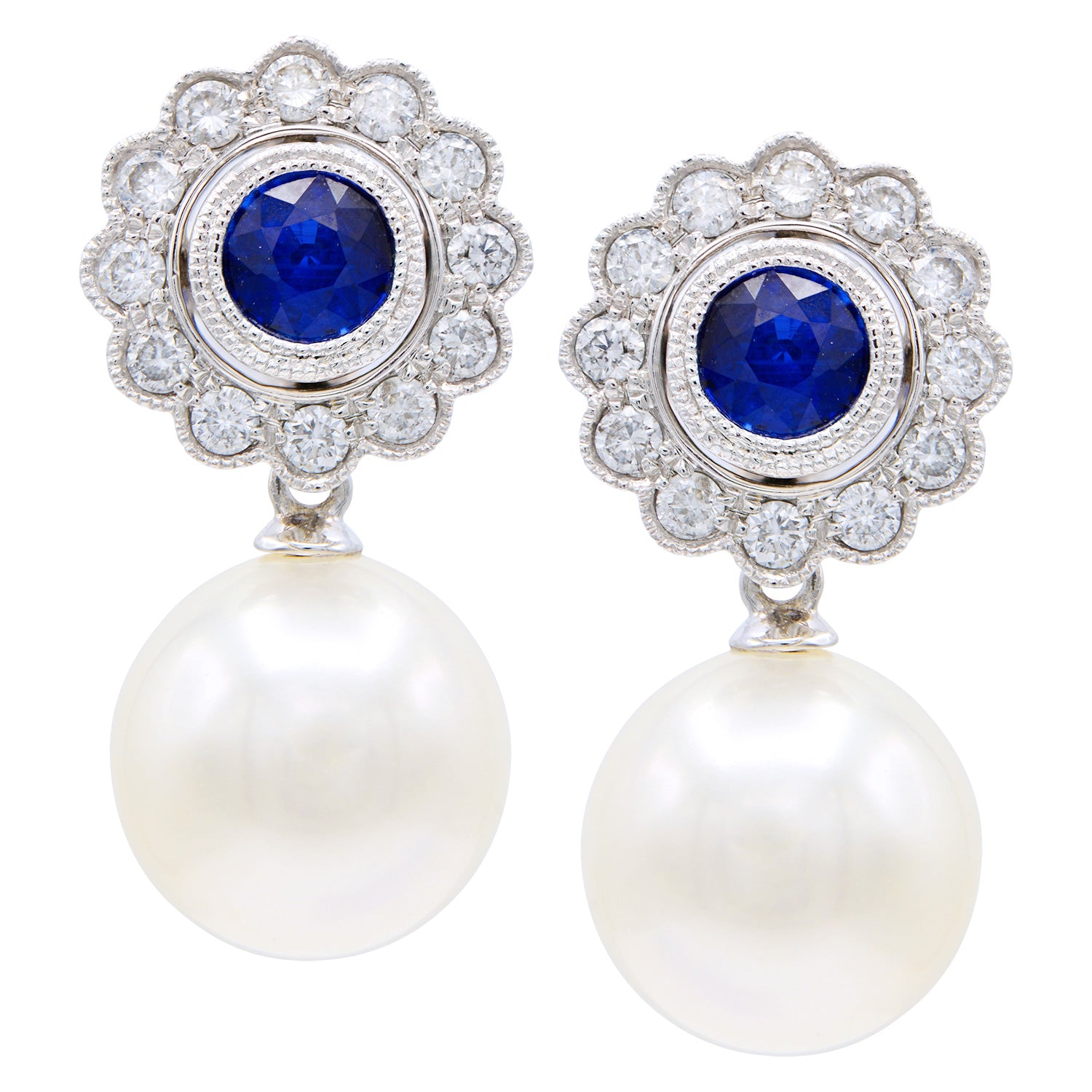 18KW White South Sea Pearl Earrings, 13-14mm