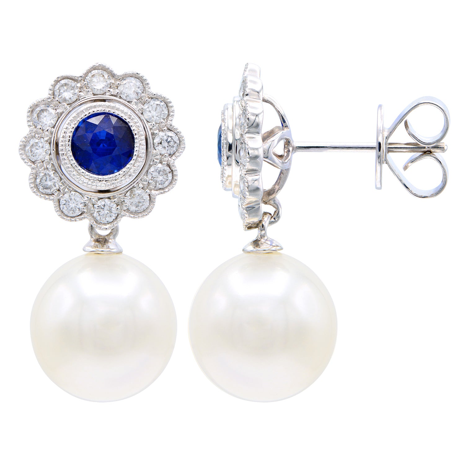 18KW White South Sea Pearl Earrings, 13-14mm
