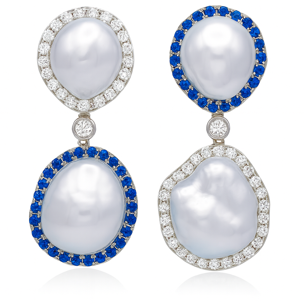 18K White Gold Diamond Sapphire Earring, 14-16mm, 4.35ct