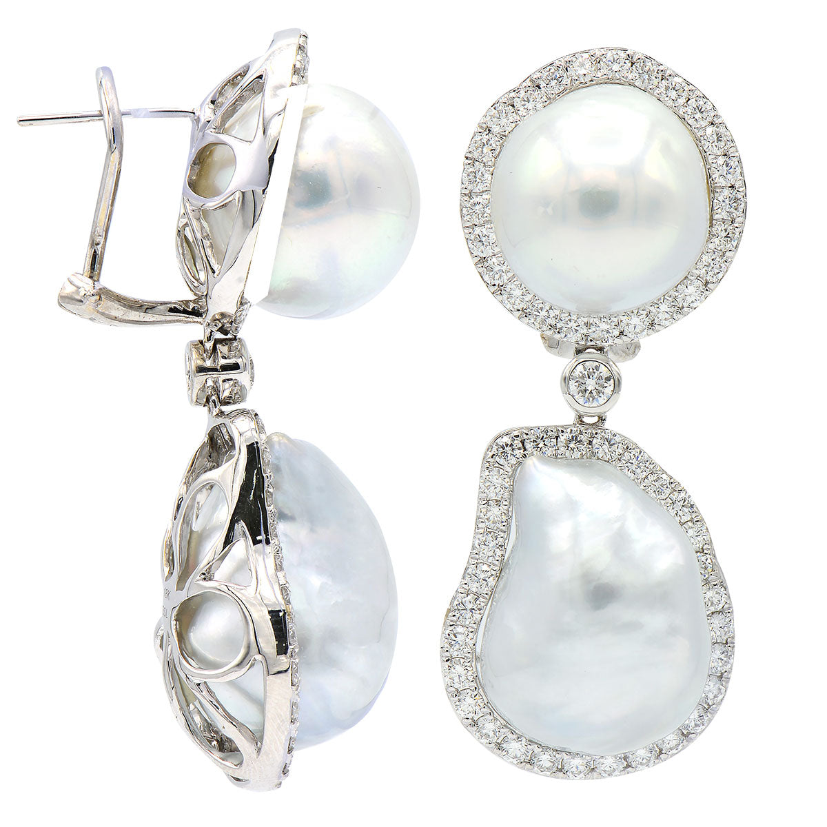 18KW White South Sea Pearl Earrings, 14-16mm