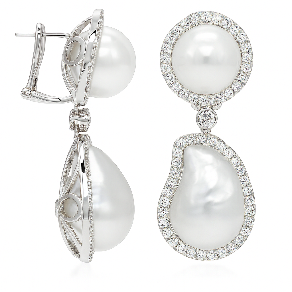 18K White Gold White South Sea Pearl Earrings, 14-16mm, 3.75ct