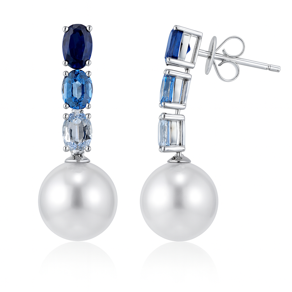 18K White Gold Pearl Earrings, 11-12mm, 3ct