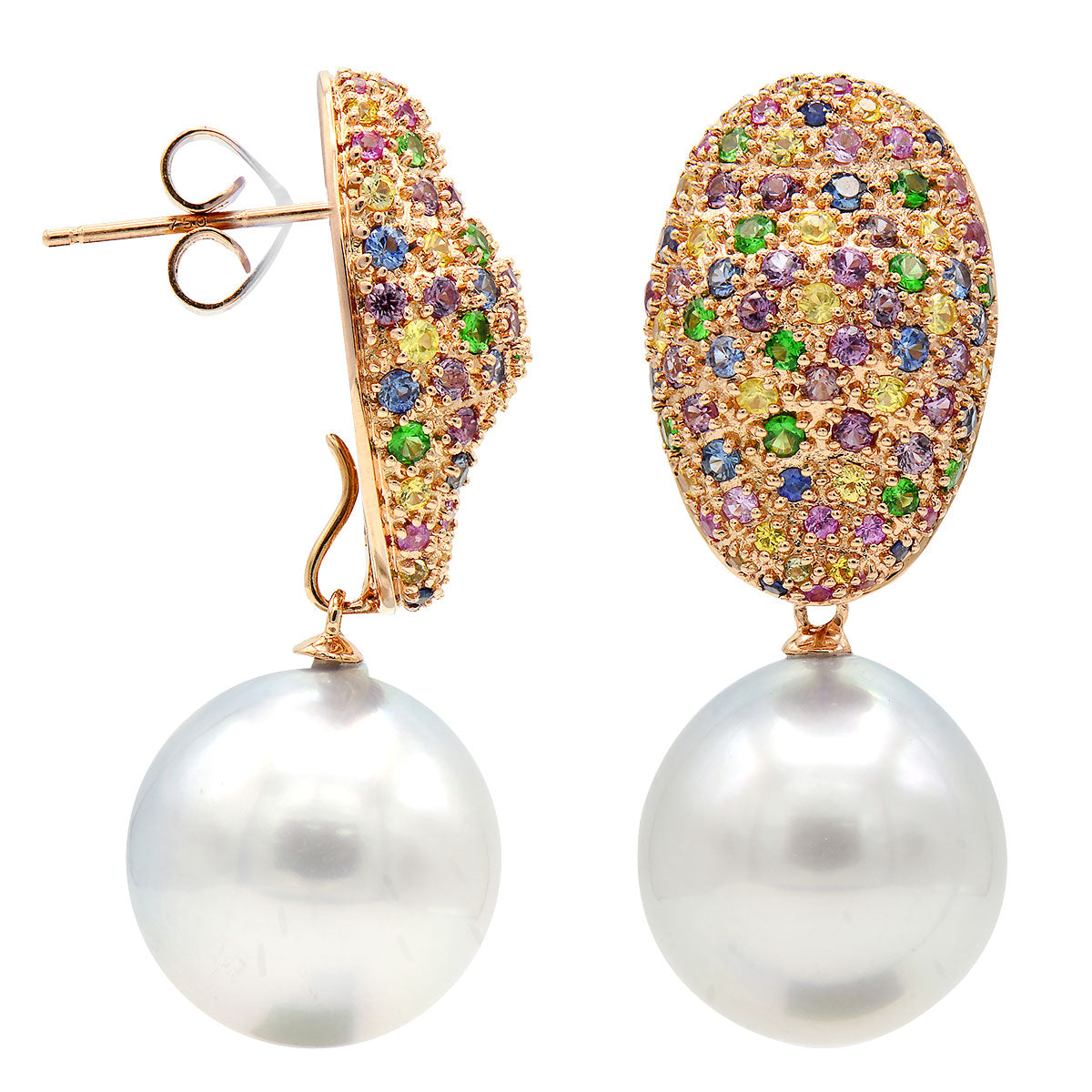 18KR White South Sea Pearl Earrings, 14-15mm