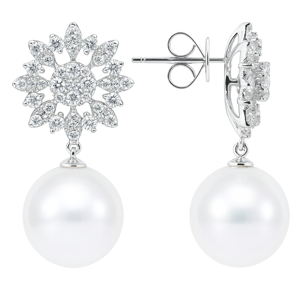 18K White Gold South Sea Pearl Earrings, 13-14mm, 1.3ct