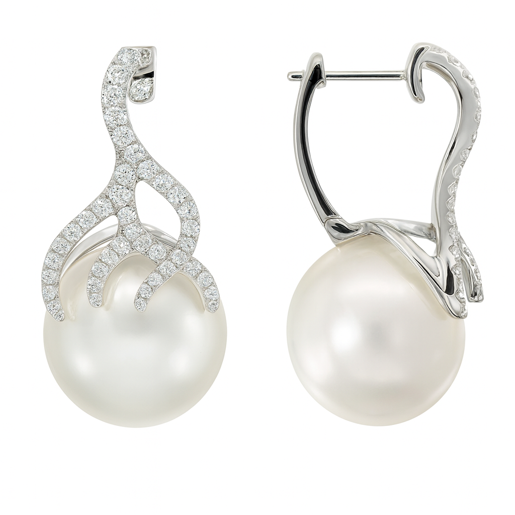 18K White Gold South Sea Pearl Earrings, 13-14mm, 0.52ct