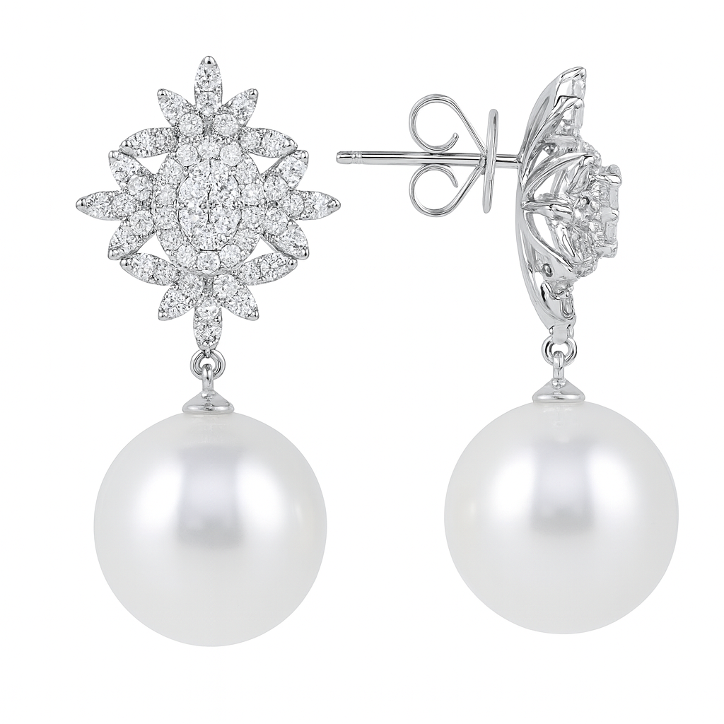 18K White Gold South Sea Pearl Earrings, 13-14mm, 0.8ct