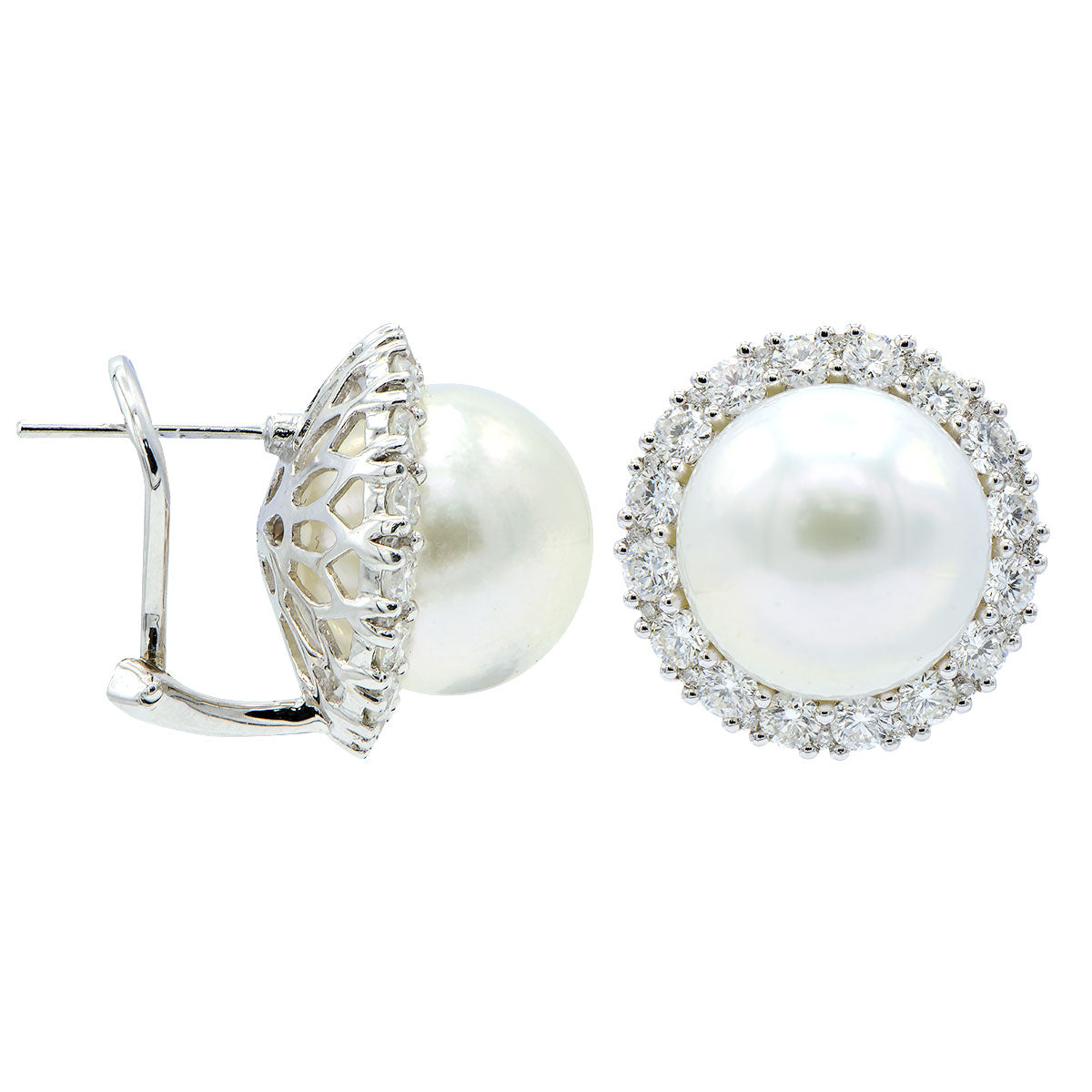 18KW White South Sea Pearl Earrings, 13-14mm