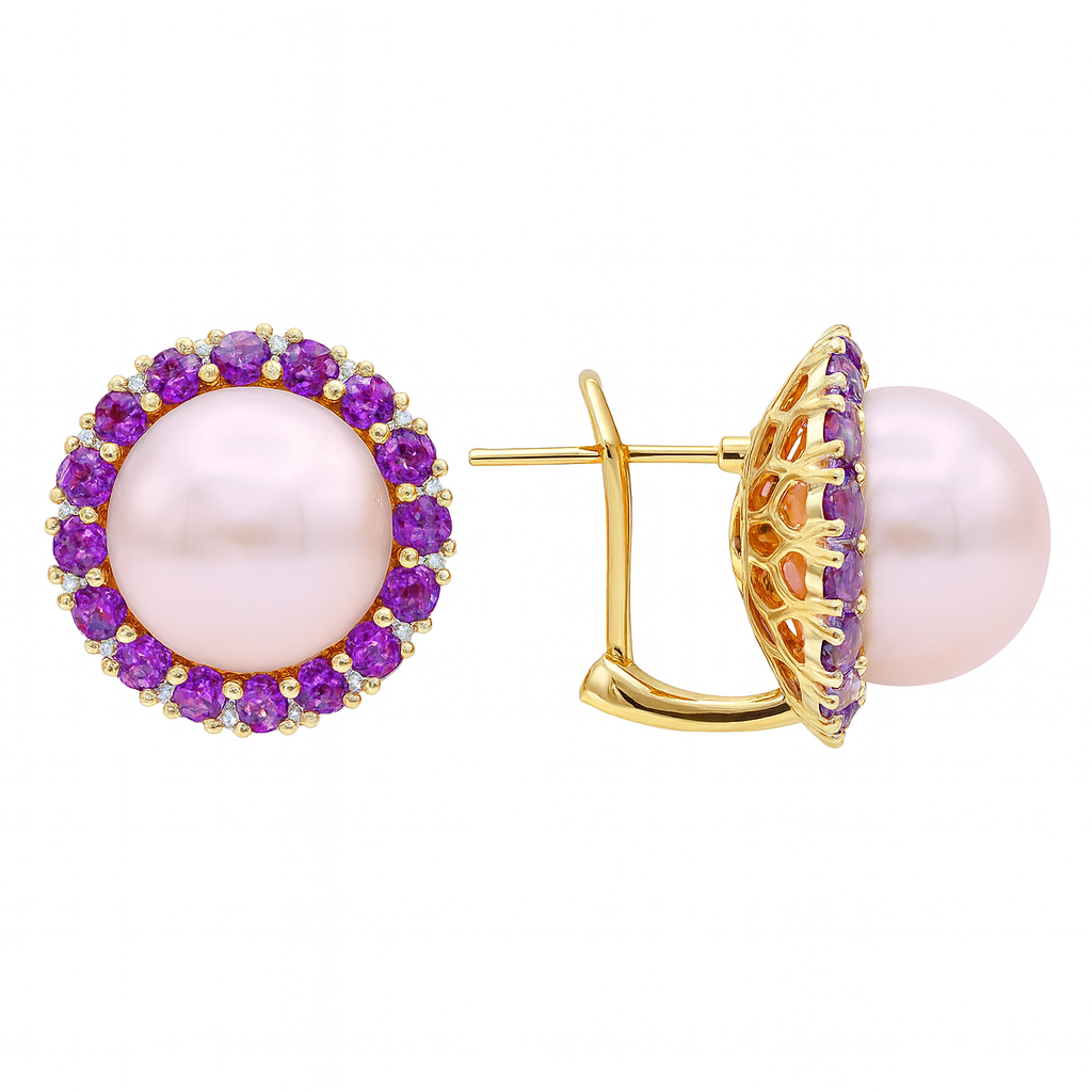 18K Rose Gold Rhodolite Earrings, 13-14mm, 3.79ct