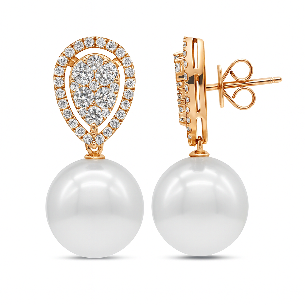 18K Rose Gold Freshwater Pearl Earrings, 12-13mm, 1.4ct