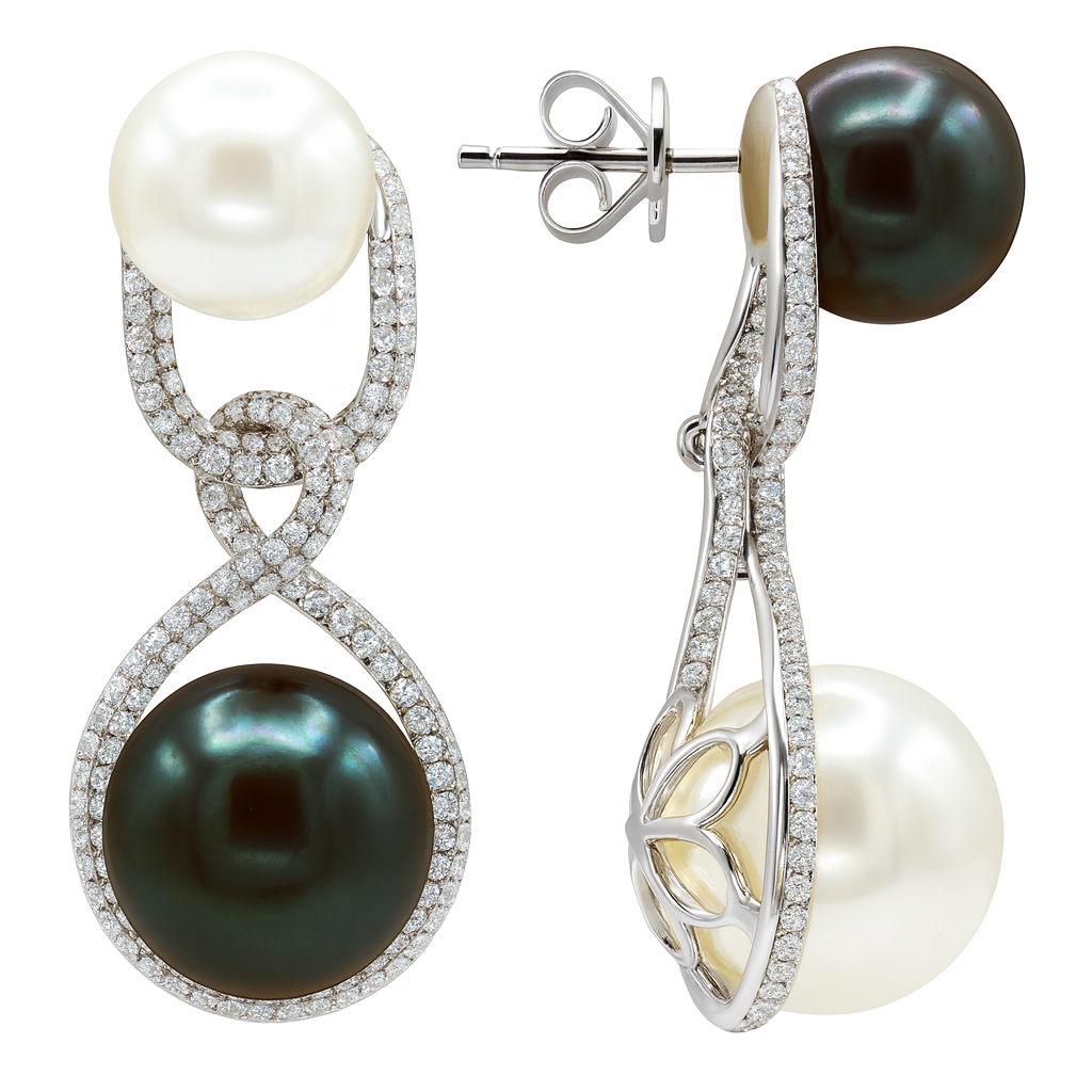 18K White Gold Tahitian Pearl Earrings, 11-13mm, 1.9ct