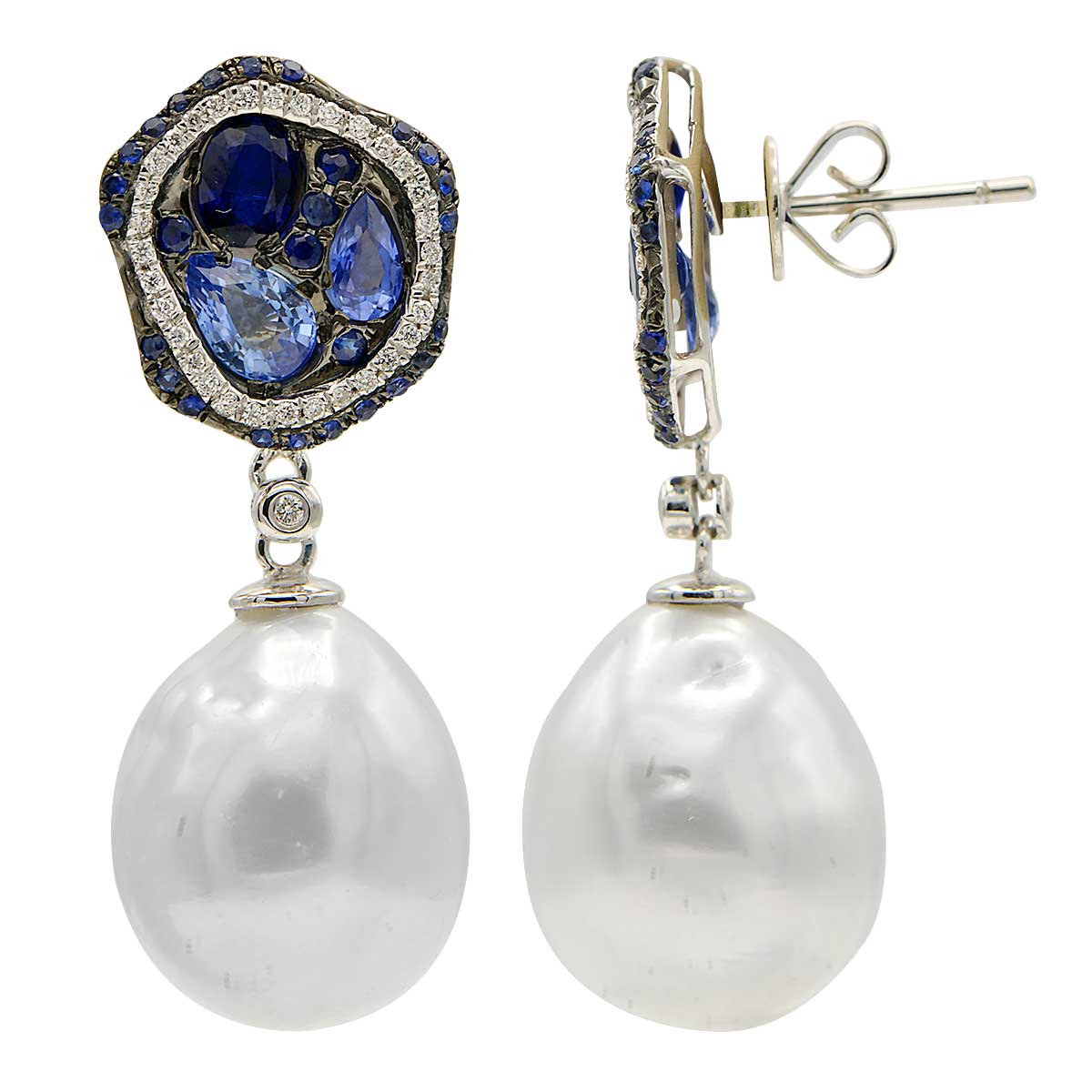 18KW White South Sea Pearl Earrings, 14-15mm