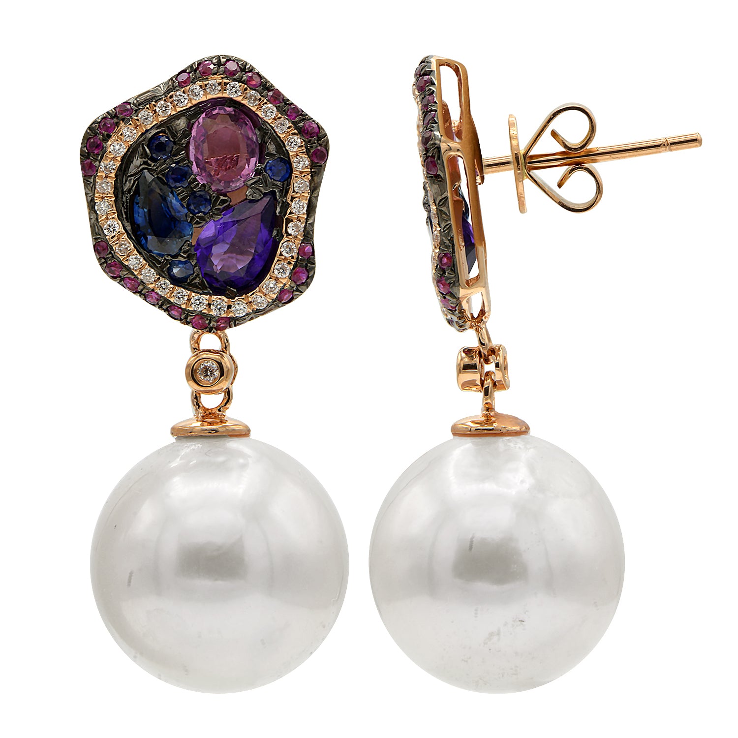 18KR White South Sea Pearl Earrings, 13-14mm